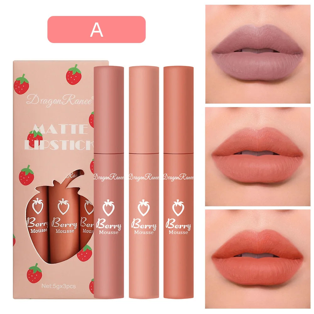 3-Piece Strawberry Velvet Matte Lip Glaze Set