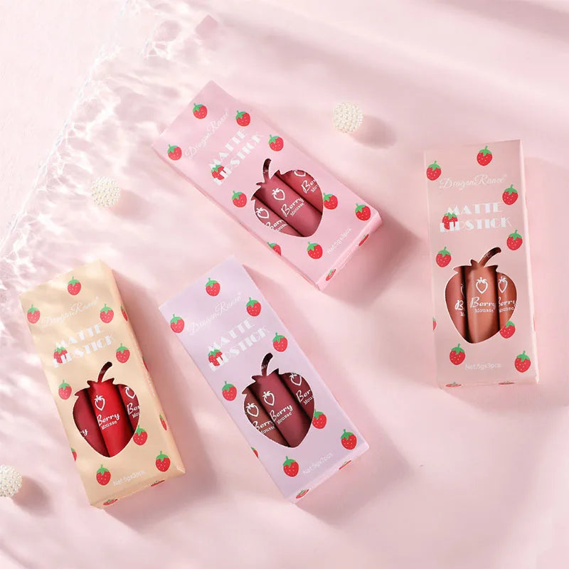 3-Piece Strawberry Velvet Matte Lip Glaze Set