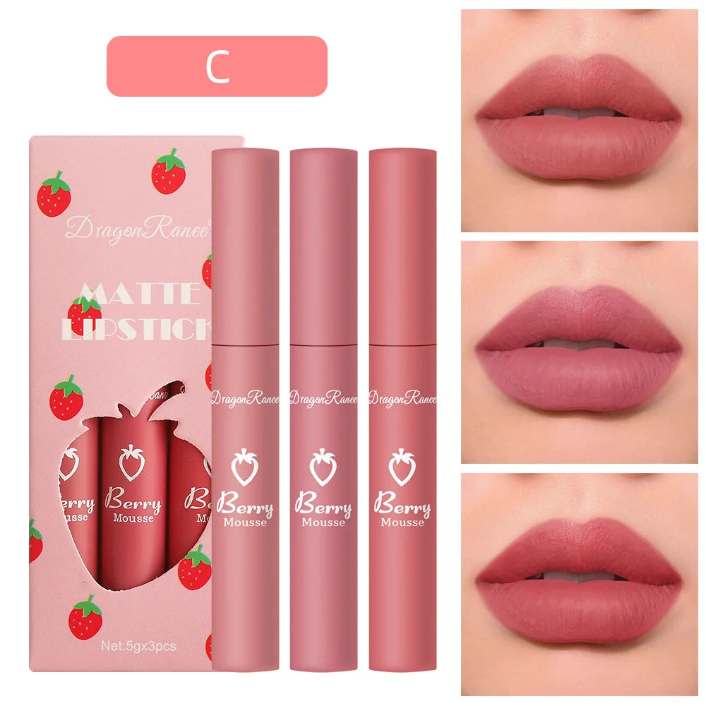 3-Piece Strawberry Velvet Matte Lip Glaze Set