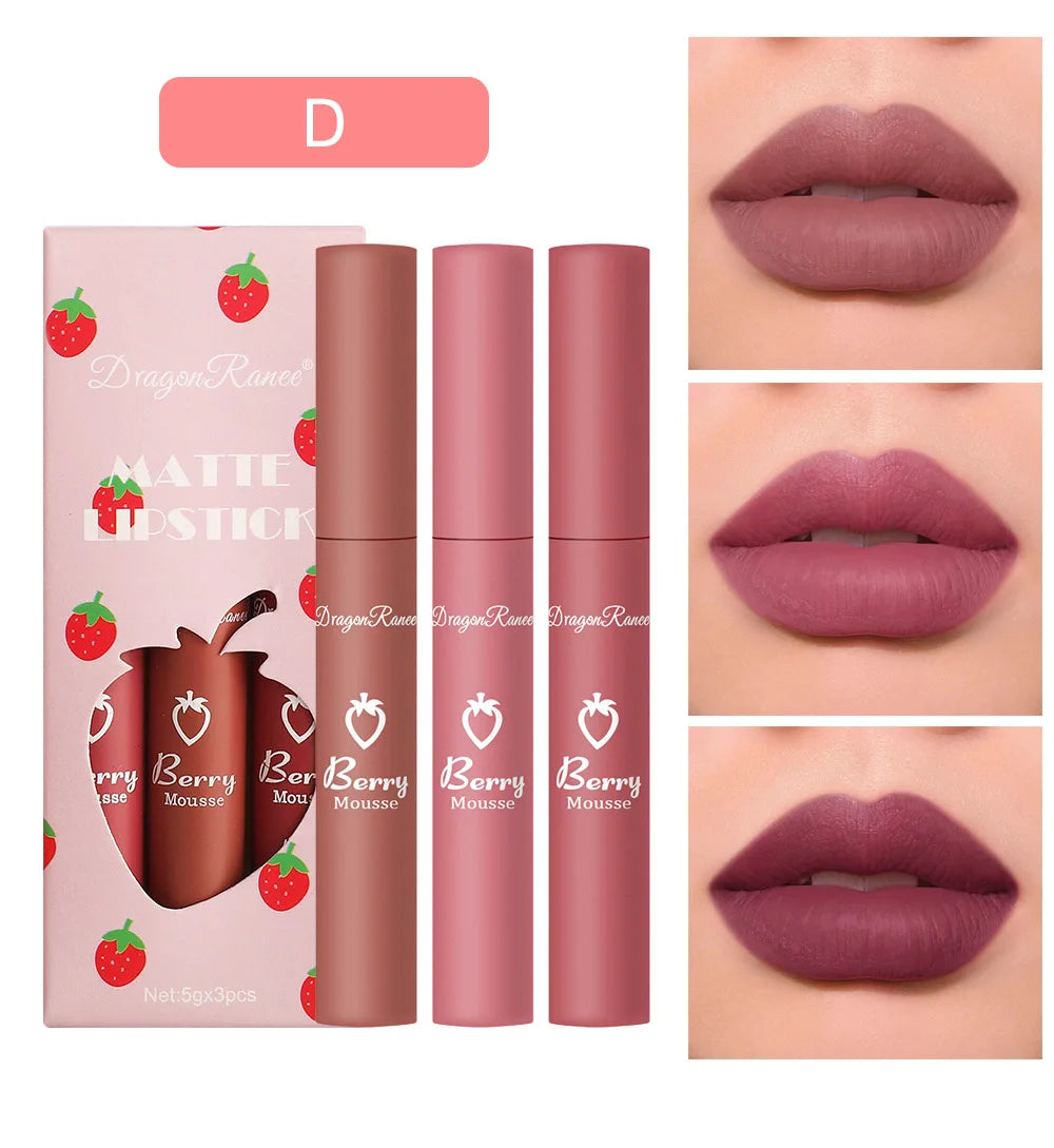 3-Piece Strawberry Velvet Matte Lip Glaze Set